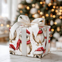 Watercolor Winter Owl Gift Wrap, Christmas Owl Wrapping Paper, Santa Hat Woodland Owl Wrapping Paper, Festive Holiday Bird Gift Wrap Roll