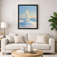 Snowy Beach Christmas Canvas Print, Coastal Christmas Tree Canvas Art, Impressionist Winter Wall Art, Coastal Holiday Beach Canvas Decor
