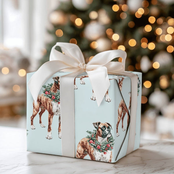 Holiday Wreath Pet Gift Wrap, Boxer Dog Christmas Wrapping Paper, Boxer Puppy Festive Wrapping Paper, Adorable Dog Lover Pres