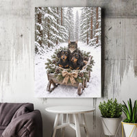 Snowy Forest Dachshund Wall Art, Dachshund Cat Winter Sleigh Canvas, Christmas Pet Canvas Print, Holiday Dog and Cat Wall Decor
