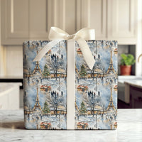 Watercolor Eiffel Tower Gift Wrap, Paris Christmas Wrapping Paper, French Holiday Scene Wrapping Paper, Parisian Winter Gift Wrap Roll