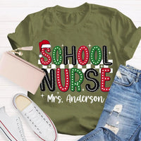 Custom Name Santa Hat Graphic Tee, Personalized School Nurse Christmas Shirt, RN Nurse Holiday T-Shirt, Healthcare Staff Xmas Present