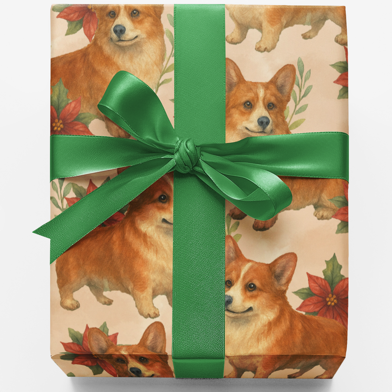 Adorable Dog Poinsettia Gift Wrap, Corgi Christmas Wrapping Paper, Festive Dog Lover Wrapping Paper, Holiday Puppy Christmas Present Paper Roll