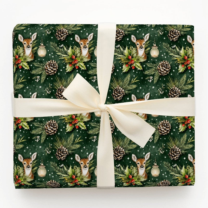 Watercolor Pine Cone Gift Wrap, Woodland Deer Christmas Wrapping Paper, Winter Forest Holiday Wrapping Paper, Rustic Green Gift Wrap Roll