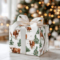 Rustic Western Christmas Gift Wrap, Longhorn Cattle Wrapping Paper, Farmhouse Pine Tree Wrapping Paper, Cow Lover Holiday Gift Wrap