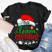 Humorous Holiday Coworker T-Shirt, Our Team Sleighs Christmas Shirt, Santa Hats Snowflakes Xmas Tee, Festive Work Team Shirt, Xmas Present Tee