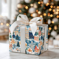 Watercolor Winter City Gift Wrap, Snowy Village Christmas Wrapping Paper, Festive Holiday Wrapping Paper, Comfy Village Xmas Wrapping Paper