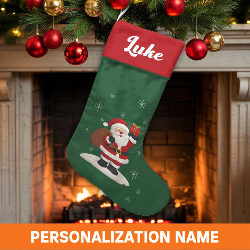 Personalized Coastal Holiday Stocking, Surfing Santa Christmas Stocking, Custom Name Christmas Stocking, Tropical Beach Christmas Stocking
