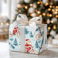 Cycling Santa Claus Gift Wrap, Santa on Bicycle Wrapping Paper, Watercolor Bike Rider Holiday Paper, Christmas Sport Wrapping Paper Roll