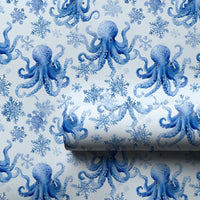 Coastal Christmas Wrapping Paper, Blue Octopus Wrapping Paper, Watercolor Snowflake Holiday Wrapping Paper, Ocean Lover Gift Wrap Roll