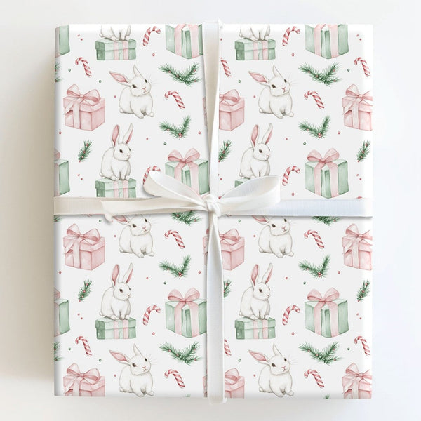 Watercolor Rabbit Holiday Gift Wrap, Adorable Bunny Christmas Wrapping Paper, Pastel Winter Bunny Wrapping Paper, Whimsical X