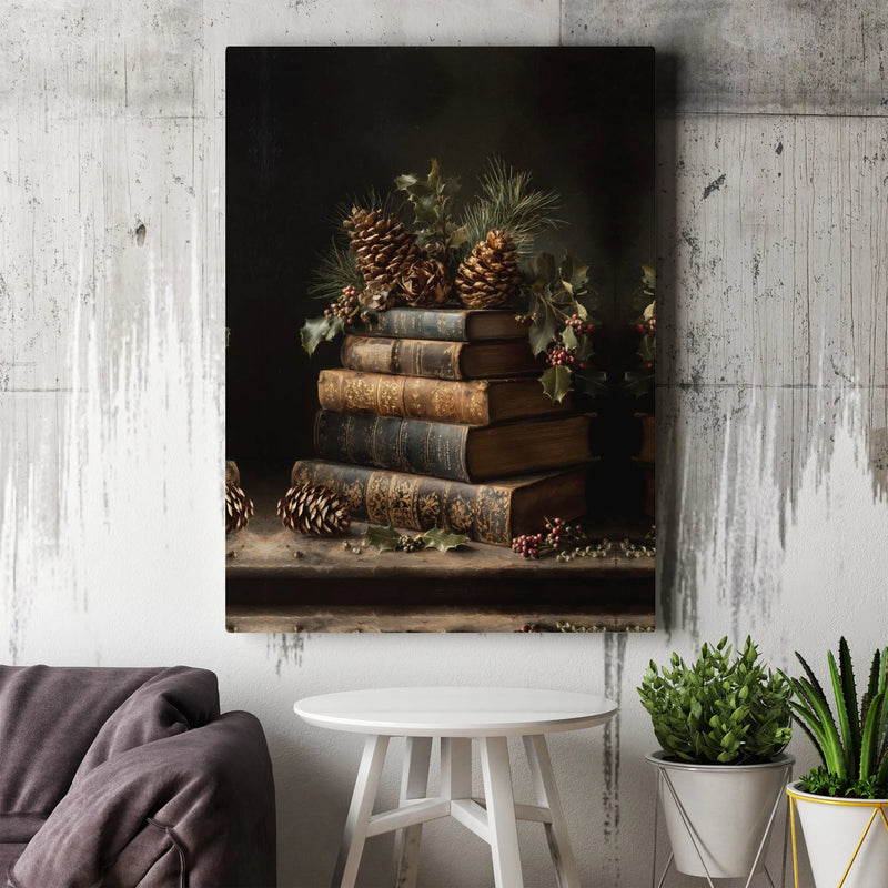 Winter Pine Cone Holly Still Life Print, Rustic Vintage Book Stack Canvas Art, Comfy Christmas Wall Decor, Bookish Holiday Canvas Present