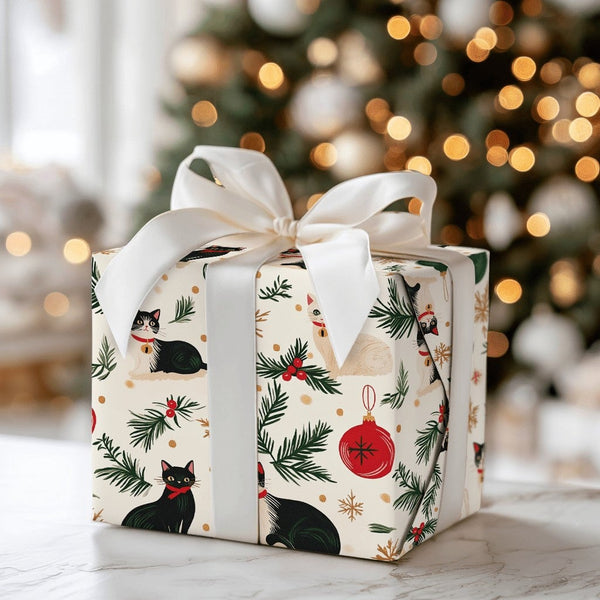 Festive Feline Holiday Gift Wrap, Christmas Cat Wrapping Paper, Tuxedo Kitten Christmas Wrapping Paper, Cat Lover Xmas Gift W
