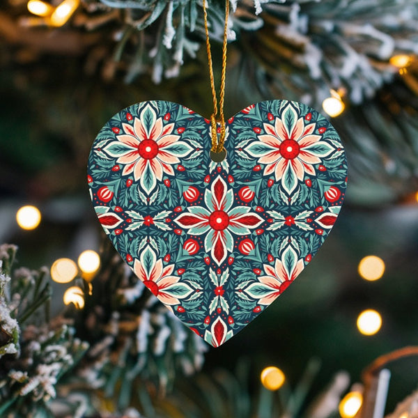 Floral Christmas Ceramic Ornament, Poinsettia Folk Art Heart Ornament, Vintage Botanical Holiday Heart Ornament, Festive Tree
