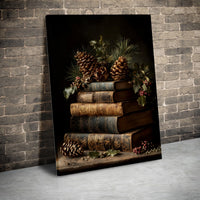 Christmas Holly Canvas Print, Vintage Book Stack Canvas Wall Art, Holiday Still Life Wall Decor, Comfy Winter Bookish Home Decor Canvas Art