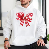 Red Striped Ribbon Sweatshirt, Christmas Bow Hoodie, Adorable Holiday Bow Hooded Pullover, Festive Christmas Graphic Hoodie, Xmas Present