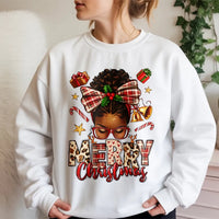 African American Holiday Sweatshirt, Afrocentric Merry Christmas Sweatshirt, Melanin Queen Plaid Bow Sweater, Black Woman Xmas Crewneck Present