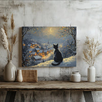Snowy Winter Night Village Scene, Christmas Black Cat Canvas Wall Art, Comfy Holiday Kitten Print, Xmas Present Digital Download Decor