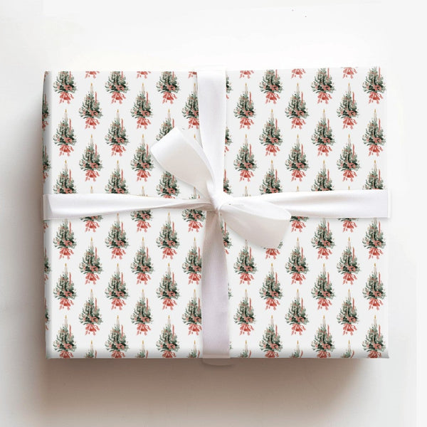 Candle and Red Bow Gift Wrap, Watercolor Christmas Tree Wrapping Paper, Vintage Evergreen Wrapping Paper, Holiday Season Pres