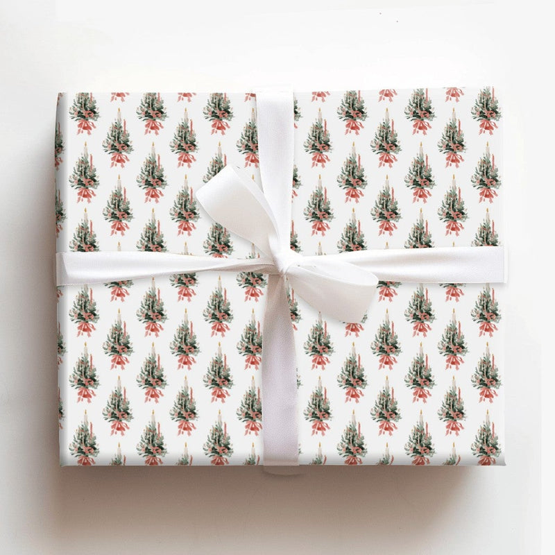 Candle and Red Bow Gift Wrap, Watercolor Christmas Tree Wrapping Paper, Vintage Evergreen Wrapping Paper, Holiday Season Present Paper Roll