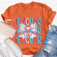 Festive Holiday Coquette Bow Shirt, Christmas Teacher Bow T-Shirt, Adorable Christmas Teacher Graphic Tee, Merry Xmas Educator Top