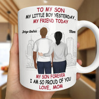 Proud Mom and Son Coffee Mug, To My Son Personalized Ceramic Mug, Mother Son Illustration Coffee Cup, Custom Birthday Christmas Present Mug