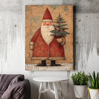 Folk Art Santa Canvas Print, Vintage Santa Claus Canvas Wall Art, Rustic Christmas Tree Canvas Decor, Holiday Santa Claus Canvas Wall Art
