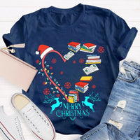 Heart Graphic Tee, Christmas Books Santa Hats Snowflakes T-Shirt, Bookish Holiday Shirt, Adorable Reader Xmas Present