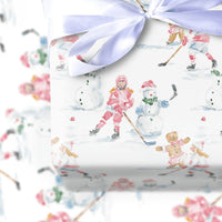 Gingerbread Holiday Gift Wrap, Pink Hockey Girls Snowman Wrapping Paper, Winter Sports Paper, Christmas Present Wrapping Paper, Girls Hockey