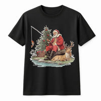 Vintage Outdoorsy Holiday T-Shirt, Fishing Santa Christmas T-Shirt, Humorous Fisherman Graphic T-Shirt, Santa Claus Fishing Xmas Tee