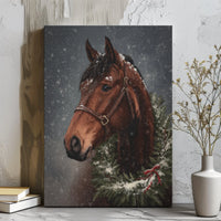 Winter Wreath Equestrian Canvas Print, Christmas Horse Canvas Wall Art, Rustic Farmhouse Holiday Canvas Art, Horse Present, Digital Download
