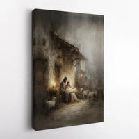 Holy Family Manger Oil Painting Print, Nativity Scene Wall Art, Rustic Christmas Art Poster, Religious Decor, Printable Digital Download