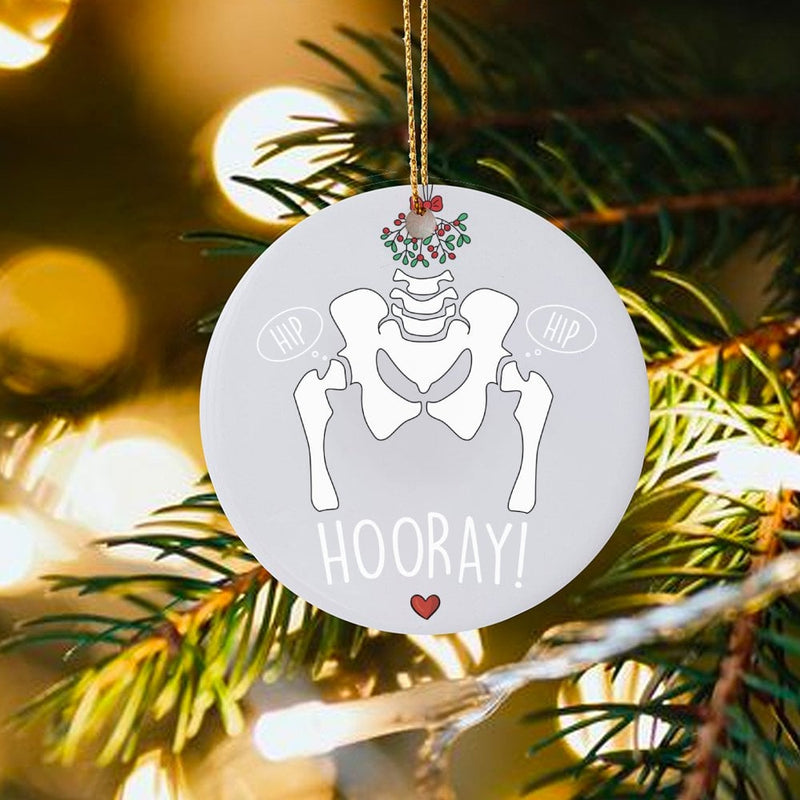 Humorous Medical Anatomy Ceramic Ornament, Hip Hip Hooray Skeleton Christmas Ornament, Nurse Doctor Holiday Tree Ornament, Med Student Present