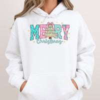Aesthetic Merry Christmas Pullover, Pastel Checkered Tree Christmas Hoodie, Adorable Pastel Tree Graphic Hoodie, Holiday Winter Sweatshirt