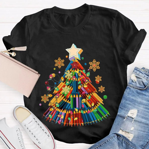 Crayon Christmas Tree Shirt, Art Teacher Christmas T-Shirt, Colorful Art Educator Holiday Graphic Tee, Snowflakes Lights Teac