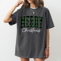 Buffalo Plaid Varsity T-Shirt, Green Plaid Merry Christmas T-Shirt, Festive Holiday Graphic T-Shirt, Xmas Family Matching Tee, Winter Present