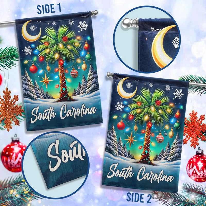 Palm Tree Coastal Holiday Yard Flag, South Carolina Christmas Garden Flag, SC State Pride Winter Flag, Double-Sided Lawn Banner Decor