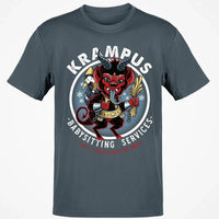 Humorous Christmas Horror Graphic Tee, Krampus Babysitting Service T-Shirt, Spooky Holiday Folklore Shirt, Alpine Demon Winter Top