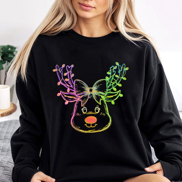 Coquette Bow Holiday Crewneck, Neon Reindeer Christmas Sweatshirt, Adorable Winter Reindeer Sweater, Retro Preppy Christmas A
