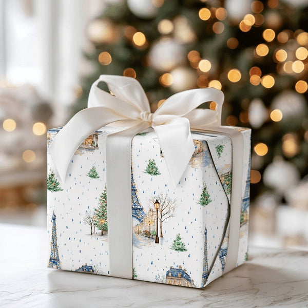 Snowy Eiffel Tower Gift Wrap, Paris Christmas Wrapping Paper, Watercolor France Holiday Wrapping Paper, Winter City Gift Wrap