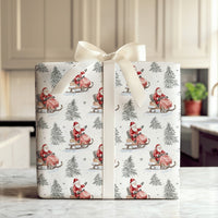 Watercolor Winter Sports Gift Wrap, Santa on Snowmobile Wrapping Paper, Red Vintage Santa Wrapping Paper, Christmas Present Paper
