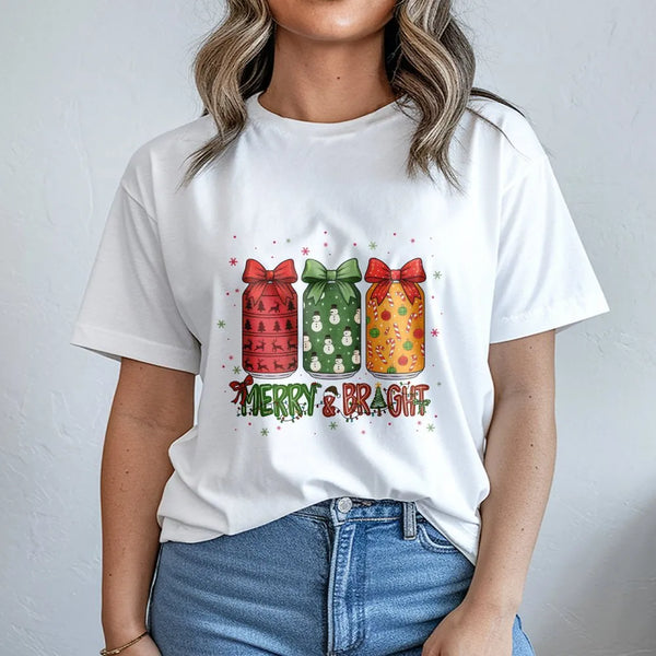 Festive Holiday Bottles Bow Shirt, Merry and Bright Christmas T-Shirt, Adorable Coquette Winter Graphic Tee, Xmas Holiday Sea