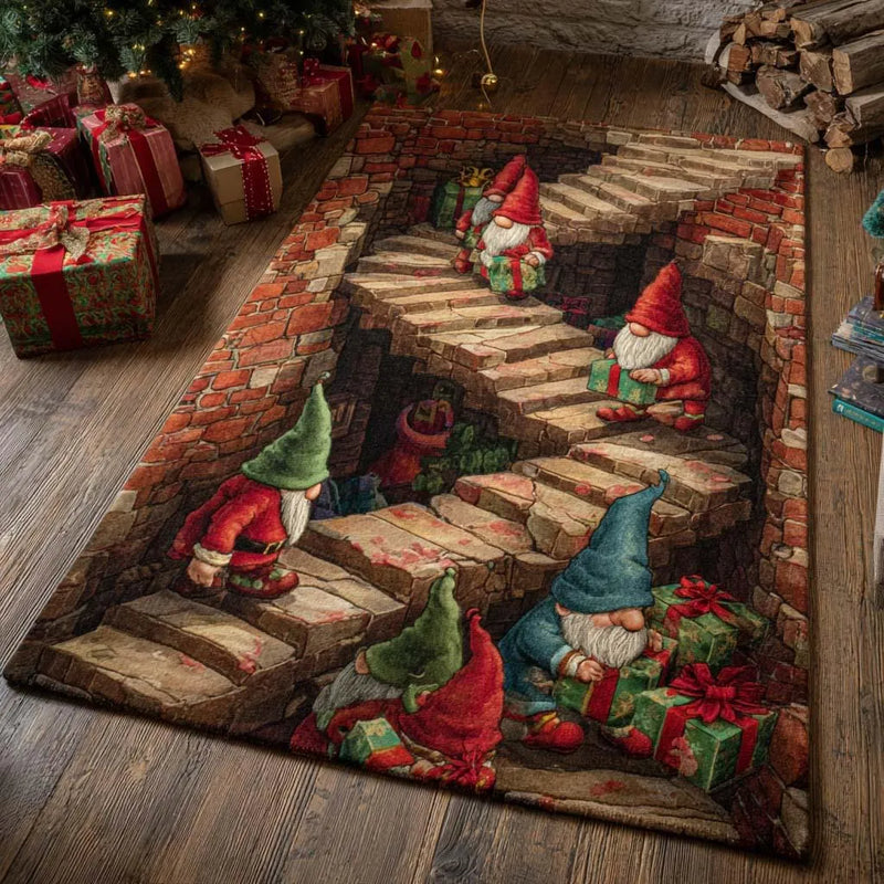 Whimsical Christmas Gnome Floor Rug, Gnome Stairs Area Rug, Non-Slip Washable Holiday Carpet, Winter Bedroom Decor, Xmas Present