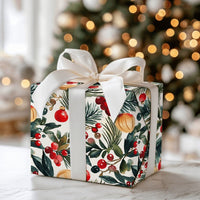 Botanical Berry Gift Wrap, Watercolor Pine Holly Christmas Wrapping Paper, Festive Holiday Wrapping Paper, Xmas Present Wrap Roll