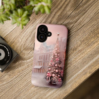 Snowy Victorian Holiday iPhone Case, Pink Christmas Tree Phone Case, Pink Bow Xmas Phone Cover, Winter Festive iPhone Case, Christmas Present
