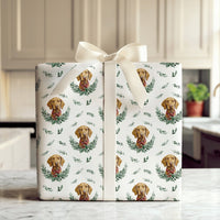 Holiday Wreath Puppy Gift Wrap, Vizsla Dog Christmas Wrapping Paper, Watercolor Dog Christmas Paper, Festive Pet Lover Gift Wrapping Paper