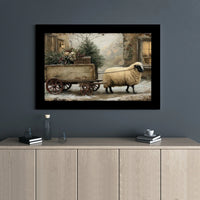 Sheep Winter Cart Canvas Print, Farmhouse Christmas Canvas Wall Art, Rustic Holiday Farm Canvas Painting, Comfy Seasonal Home Decor Present