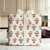 Santa Hat Animal Gift Wrap, Highland Cow Christmas Wrapping Paper, Rustic Cow Wrapping Paper Roll, Holiday Wrapping Paper, Xmas Gift Wrap