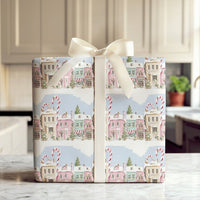 Candy Cane Winter Gift Wrap, Pastel Christmas Village Wrapping Paper, Pink Townhouse Holiday Wrapping Paper