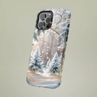 Snowy Pine Forest with Gold Swirl Phone Cover, Winter Wonderland iPhone Case, Christmas Holiday Tough Case, Winter Scene Present